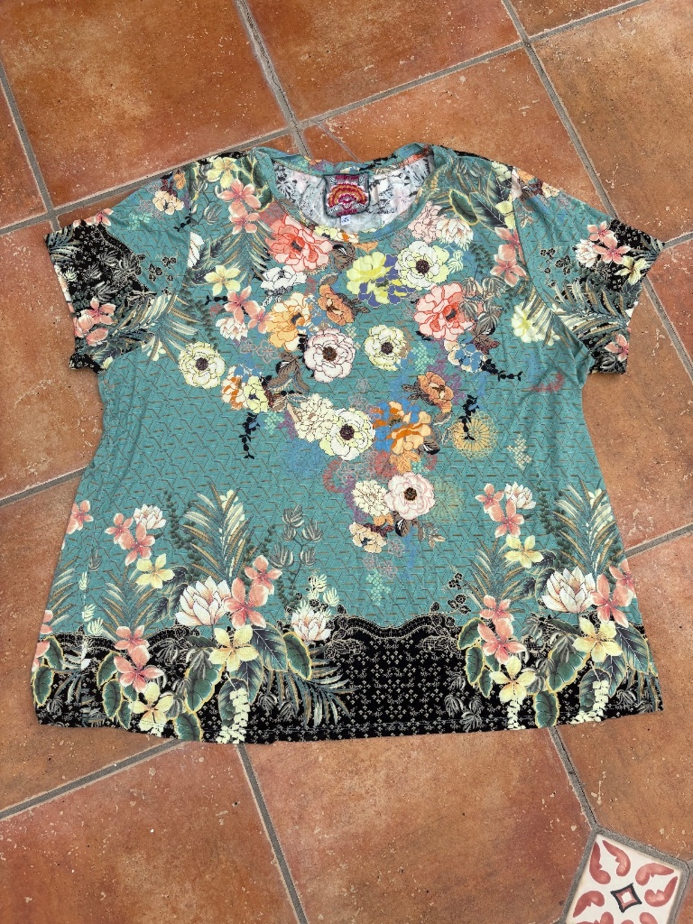 Johnny Was Floral Print Short Sleeve Bamboo Knit Jersey Tee Shirt Size 3X